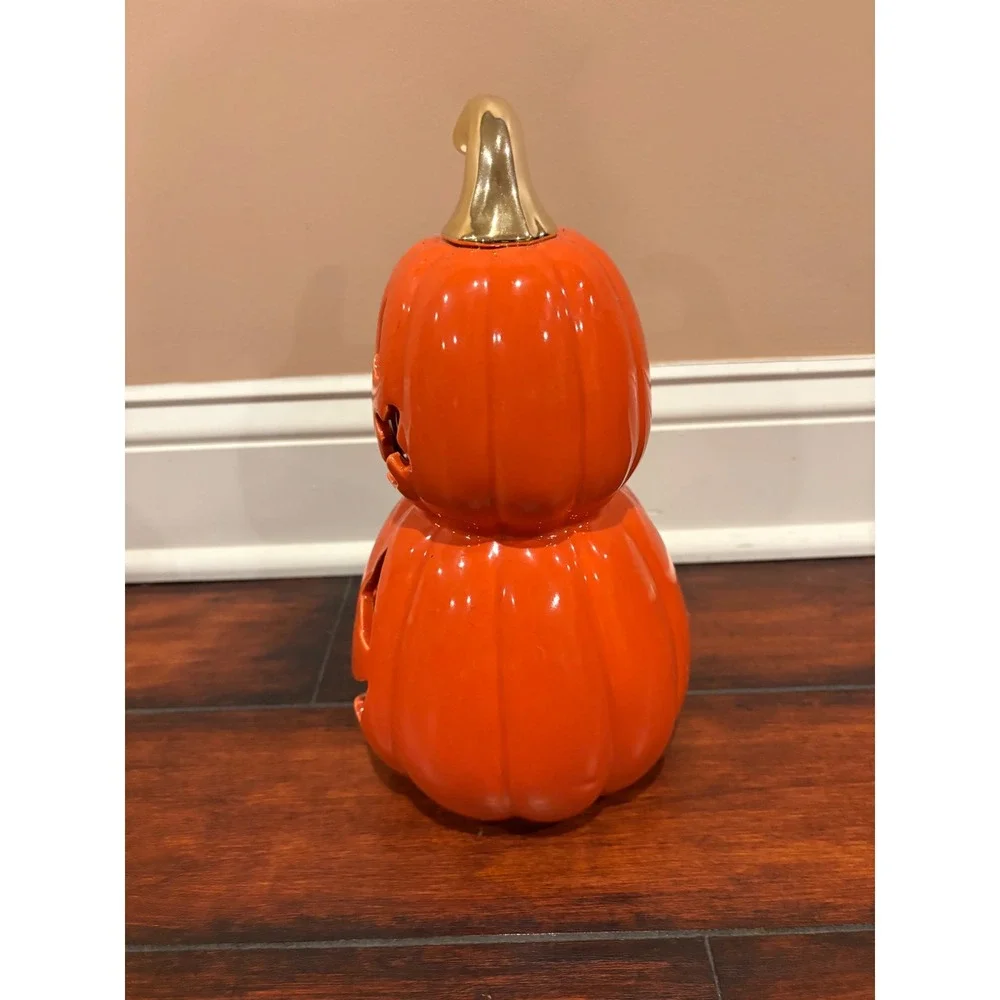 Orange Ceramic Stacked Light Up Pumpkin Jack-O-Lantern Gold Stem 12.5in Decor